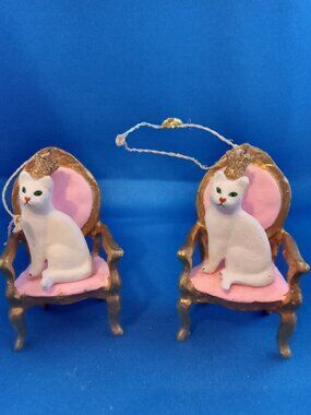 Set of 2 ornaments white cats on pink & gold chairs gold glitter crowns